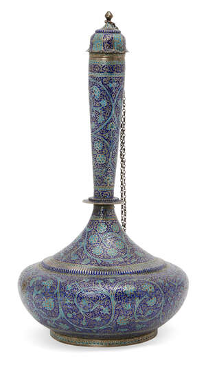 
	
		An engraved and enamelled silver bottle flask (Surahi), Kashmir, North India, late 19th...