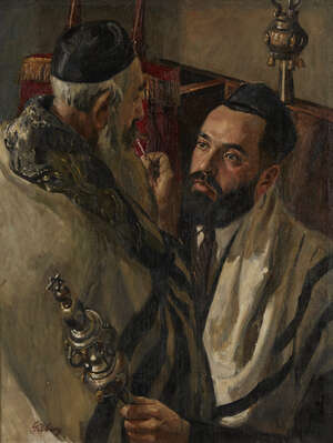 
	
		Michael Gilbery,
		British 1913-2000-
		 
		Taking Torah Scrolls from the...