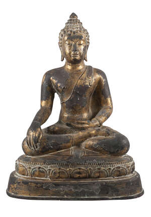 
	
		A large Thai, gilt lacquered bronzed buddha, 19th century, seated in dhyanasana on a...