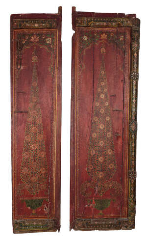 
	
		Two Kashmiri painted wood door panels, India, mid-19th century, decorated with floral...