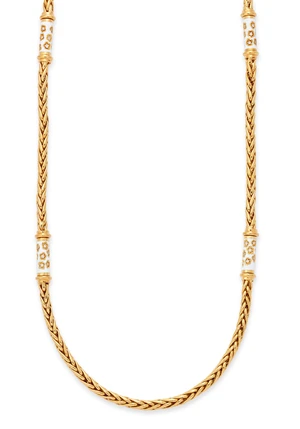 An Italian diamond and enamel chain necklace, composed of white enamel links with floral diamond...