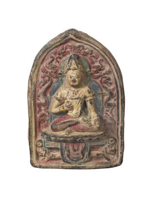 
	
		A Tibetan painted terracotta votive plaque, mid-19th century, of arched form, depicting...