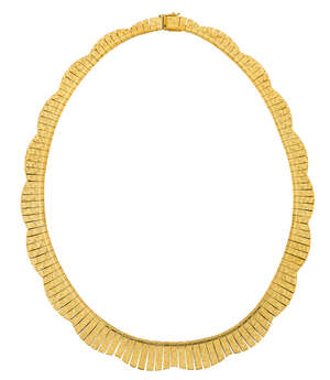 
	
		A scalloped collar necklace, designed as a flexible series of textured panels, box clasp,...