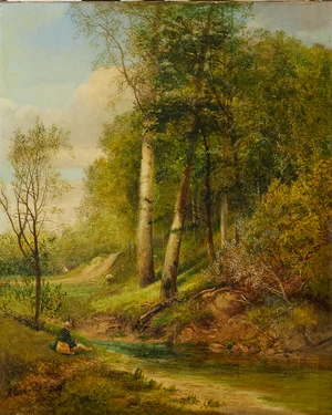 Circle of Alfred Augustus Glendening, Jnr.,&nbsp;British 1861-1907-&nbsp;
A figure seated by a river in a...