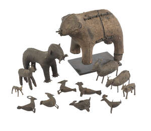 
	
		 A group of bronze Kond figures tribal, Orissa, India, circa 1900, comprising a large...