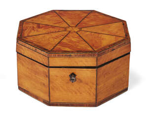 
	
		A George III satinwood octagonal box, the sectional top with ebony stringing around...