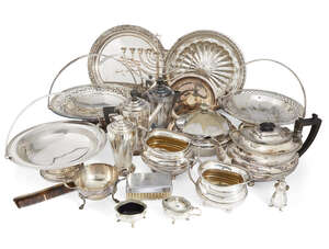 
	
		A quantity of silver plate, including four large circular dishes, each raised on a...