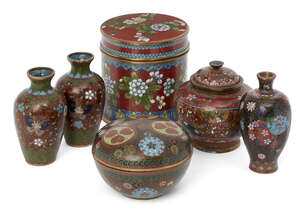 
	
		A pair of Japanese cloisonné ginbari enamel vases, Meiji period, decorated with flora and...