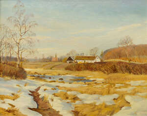 
	
		Harald Pryn, Danish 1891-1968- Farmland in winter; oil on canvas, signed, 55.5x65.5cm...