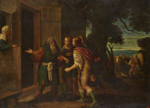 Venetian School, 
		17th century- 
		 
		Abraham and the Three Angels; 
		 
		oil on canvas, bears signature, 72.8x98.5cm (VAT charged on hammer price)