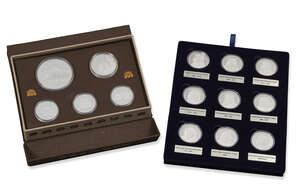 
	
		A boxed set of Chichen Itza silver coins,  $20, $10 and 3 x $5, together with nine silver...