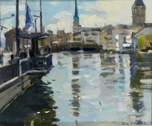 
	
		Ken Howard OBE RA, 
		British b.1932-
		 
		Limmat Composition I, 2013;
		 
		oil on...