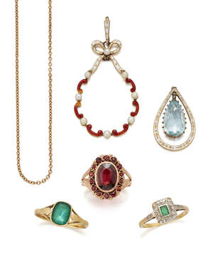 
	
		A group of jewellery comprising: an Edwardian, aquamarine and enamel pendant with enamel...