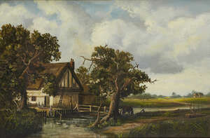 
	
		British School, 
		mid/late 19th century- 
		 
		Figure by a cottage with a stream and...