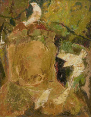
	
		Japanese School, mid 20th century, abstract oil on canvas, birds in a landscape, signed...
