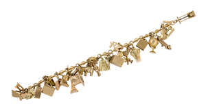 A charm bracelet, the circular link bracelet suspending various charms including: a 9ct gold sports car; a 9ct gold sprung guillotine; a 9ct gold rickshaw; an 