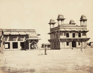
	
		A photograph by Samuel Bourne of a fort, possibly Udaipur, India, circa 1870, mounted,...