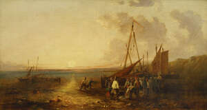 
	
		Attributed to William Shayer Snr, 
		British 1787-1879- 
		 
		Fisherfolk Unloading ...