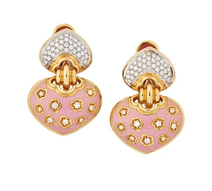 A pair of Italian diamond and enamel earrings, designed as an articulated heart shaped panel...