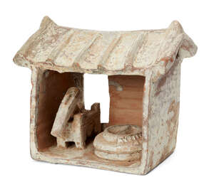 
	
		A Chinese pottery model of a mill, Han dynasty, with ridged sloping roof above quern...