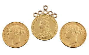 
	
		Three sovereigns, comprising: two Victoria Young Head, 1873 (shield back) and 1885; and a...