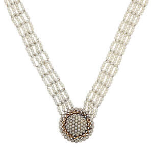 
	
		An early 20th century seed pearl and diamond necklace, the central seed pearl bombé...