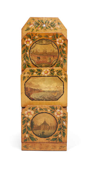 
	
		A 19th century printed and painted sycamore wall letter rack, each painted with central...