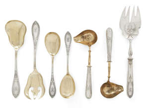 
	
		A group of German .800 silver serving implements comprising: two silver handled toddy...