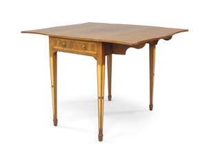 
	
		A George III Sheraton mahogany and satinwood crossbanded Pembroke table, circa 1790, the...
