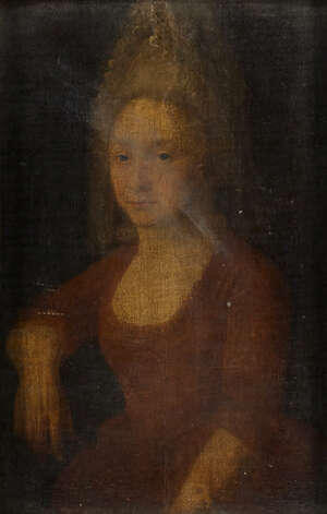 German School, 
		early 18th century-
		 
		Portrait of a lady in a red dress, seated three-quarter-length turned to the left; 
		 
		oil on canvas laid