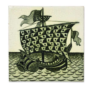 William De Morgan (1839-1917), a hand painted six-inch 'Galleon' tile
		Early Fulham period 1888-1897, impressed Sands End floral roundel
		Painted i