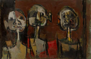 
	
		Douglas Pittuck, 
		British 1911-1993 - 
		Three standing men; 
		oil on board, signed...