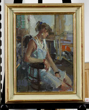 Thomas John Coates, 
		British b.1941- 
		 
		Model at the New Art Centre; 
		 
		oil on canvas board, signed with monogram, 38.5 x 29cm (ARR)
		 
		