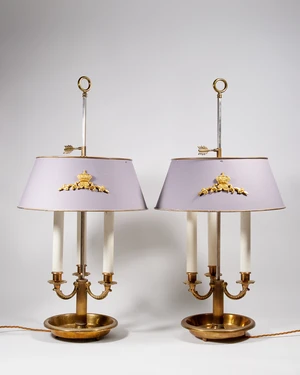 A pair of French brass and white metal three-light bouillotte lamps, 20th century, the base...