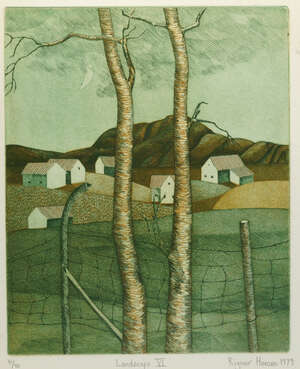 
	
		Rigmor Hansen,  Norwegian 1941-1995- Landscape VI, 1979; etching and aquatint in colours,...