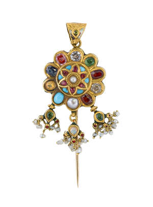 
	
		An Indian gem and enamel pendant / stickpin, of Navaratna design, the central foiled pear...