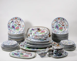 A Davenport stone china 'Flying Bird' pattern dinner service, second quarter 19th century, printed and underglaze marks, comprising: a graduated series of oval