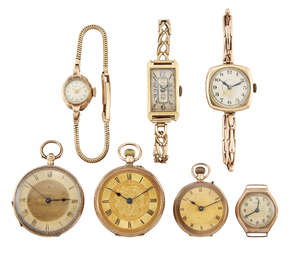 
	
		Three small gold fob watches and four lady's gold wristwatches,  fob watches comprise two...