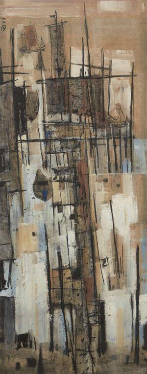 
	
		Cheong Soo Pieng (Singapore, 1917-1983), ink and colour on paper, abstract fishing...