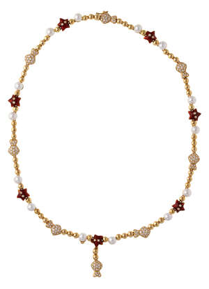 
	
		A diamond, cultured pearl and enamel necklace,  designed as a series of alternately...