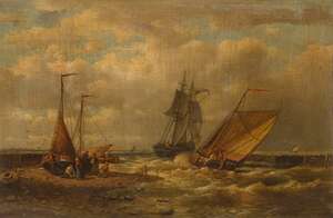 
	
		Abraham Hulk Snr, 
		British / Dutch 1813-1897- 
		A costal scene with boats leaving...
