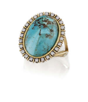 A turquoise and diamond cluster ring, the oval cabochon turquoise in collet mount with claw-set...