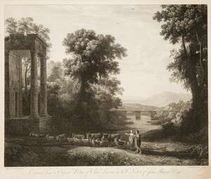 Francois Vivares, 
		French/British 1709-1780- 
		 
		A Shepherd and Shepherdess, engraved from an original picture of Claud Lorrain in the Collection of J