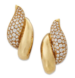 
	
		A pair of diamond earrings, of leaf design, pave-set with brilliant-cut diamonds, clip...