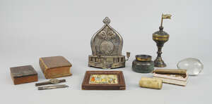 
	
		A mixed group of items of Jewish interest, comprising a brass spice tower, a white metal...