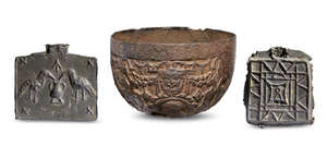 
	
		Two Medieval lead plaques, modelled in relief, one with two birds feeding from a vessel,...