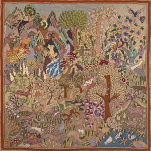 
	
		A Kantha embroidered wool textile, West Bengal, early 20th century, depicting a jungle...