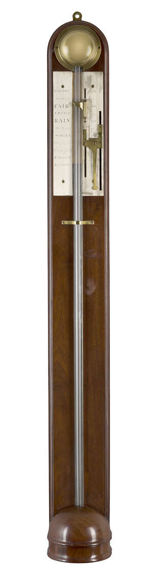 
	
		A George III mahogany stick barometer, by J. Search, London, c.1780, the silvered scale...