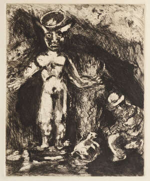 
	
		Marc Chagall, Russian/French 1887-1985-L'homme et l'idole de bois, 1952; etching, signed in...