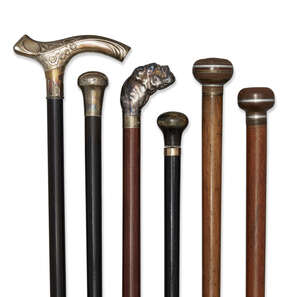 
	
		A collection of six various walking canes, late 19th-mid 20th century, comprising: a...